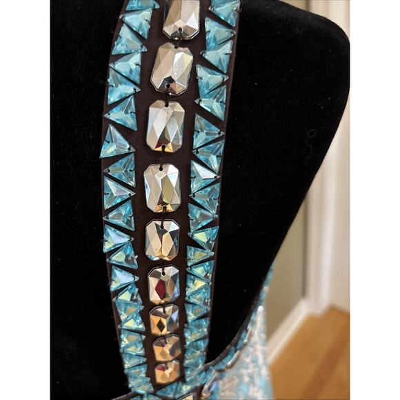 TORY BURCH Print sea coral turquoise blue beaded neckline silk knit midi sz M - Picture 8 of 9